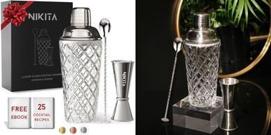 Silver Cocktail Shaker Set: Shaker, Jigger, Muddler, Strainer, Gift Box
