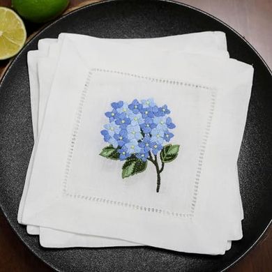 Embroidered Hydrangea Linen Cocktail Napkins & Coasters Gift Set
