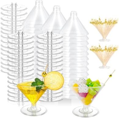 100 Mini Clear Plastic Martini/Shot Glasses with Sticks
