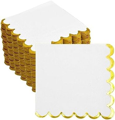 White & Gold Scalloped Cocktail Napkins (200-pack) for Parties