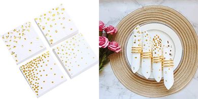 100 Gold Cocktail Napkins (Assorted Designs, Disposable)
