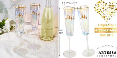 Iridescent Heart Champagne Flutes: Mr. & Mrs. Wedding Toasting Glasses
