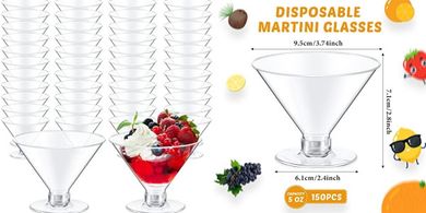100 Clear Plastic Martini Glasses (5oz), Unbreakable, for Parties