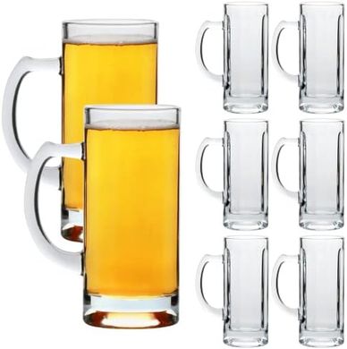 Heavy Glass Beer Mugs (Set of 8, 16oz, with Handles & Straws)
