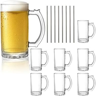 Okllen 8-Pack Heavy Glass Beer Mugs with Straws
