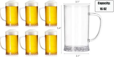 ZEAYEA 6-Pack 16oz Clear Acrylic Beer Mugs with Handles
