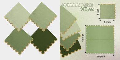 Green Cocktail Napkins: Gold Foil, Scalloped, 100-Pack
