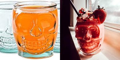 Six 15-oz sugar skull glass tumblers: spooky goth gifts for women.
