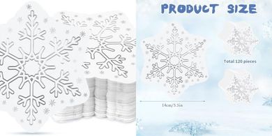 120 Snowflake Cocktail Napkins (5.5x5.5", 2-ply), Disposable, Holiday
