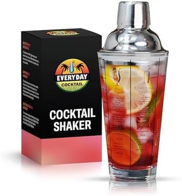 Professional 14 oz Glass Cocktail Shaker with Built-in Strainer & Recipes
