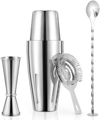 Professional 4-Piece Bartender Kit: Boston Shaker, Hawthorne Strainer, Jigger, Mixing Spoon
