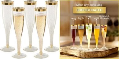 Gold Rim Glitter Champagne Flutes (36, 6.5 oz, Disposable)
