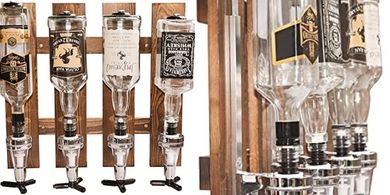 Wall-Mounted Liquor Dispenser Set: 4 Wooden Bottles
