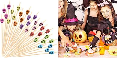 Halloween Skull Toothpicks: 200 Bamboo Skewers for Parties
