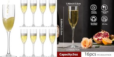 Unbreakable Acrylic Champagne Flutes (16-count, 5 oz) for Parties & Weddings
