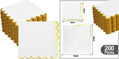 White & Gold Scalloped Cocktail Napkins (200-pack) for Parties