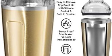 OGGI Groove Insulated Shaker: 17oz Stainless Steel, Built-in Strainer, Gold
