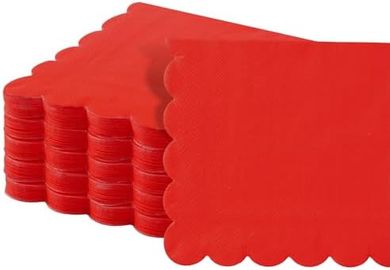 Red Scalloped Cocktail Napkins: 100, 3-ply, 5x5", Disposable
