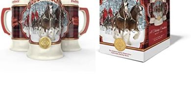 Budweiser Holiday Stein: Red, White, Black, Gold Plaid
