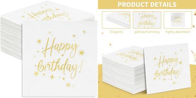 100 Gold-Lettered Birthday Cocktail Napkins (3-ply, 5x5")
