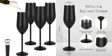 Unbreakable Stainless Steel Champagne Flutes (4-pack, 8oz, Black)
