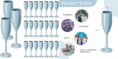 24 Dusty Blue Plastic Champagne Flutes for Weddings & Parties
