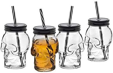 Halloween Skull Mason Jar Mugs with Lids & Straws (4-pack)
