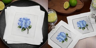 Embroidered Hydrangea Linen Cocktail Napkins & Coasters Gift Set