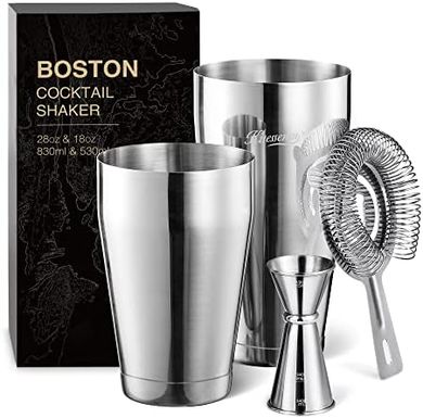 KITESSENSU Boston Shaker Set: 18/28oz tins, strainer, jigger, recipes.
