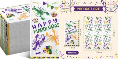 Blulu Mardi Gras Party Napkins: 100 3-ply disposable napkins for cocktails.
