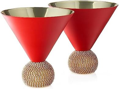 Red & Gold Diamond Martini Glasses: Crystal Ball Base, 10.5 oz
