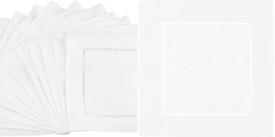 Linen Cotton Cocktail Napkins (White, Hemstitch, 12 Pack)
