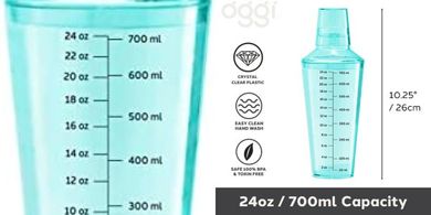 OGGI Clear Shaker: 24 oz Durable Plastic, Built-in Strainer
