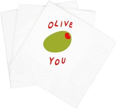 SharkBliss Olive You Cocktail Napkins: 100 2-ply, 5x5" disposable napkins.
