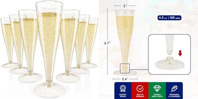 JOLLY CHEF Gold Glitter Champagne Flutes: 100 Disposable Cups
