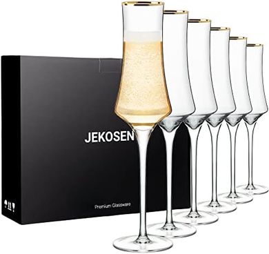 JEKOSEN Gold-Rimmed Crystal Champagne Flutes (6-Piece Set)
