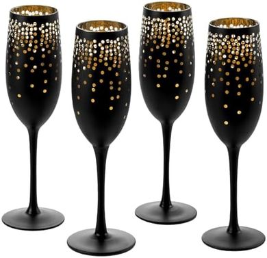 Matte Black Champagne Flutes with Gold Accents, Set of 4
