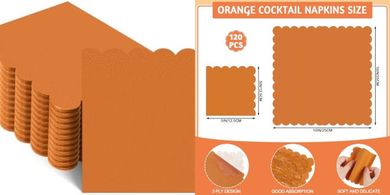 120 Scalloped Orange Cocktail Napkins (5x5", Fall/Party)
