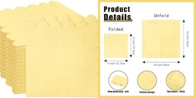 100 Yellow Scalloped Cocktail Napkins (5x5", 2-ply, disposable)
