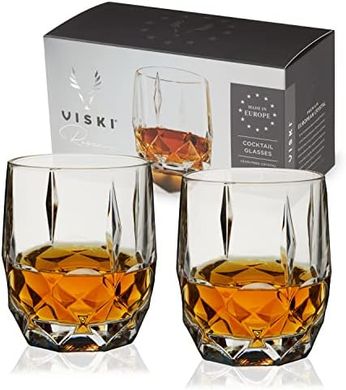 Viski Reserve Crystal Whiskey Glasses: Ornate Cut, 11oz, Set of 2
