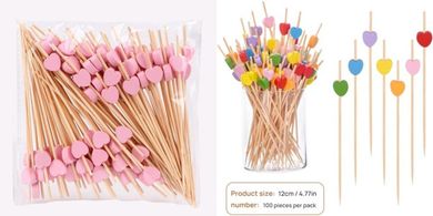 Heart-Shaped Bamboo Toothpicks (100 Pack, Pink)
