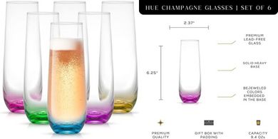 JoyJolt Hue Stemless Champagne Flutes: 6 Colored Crystal Glasses
