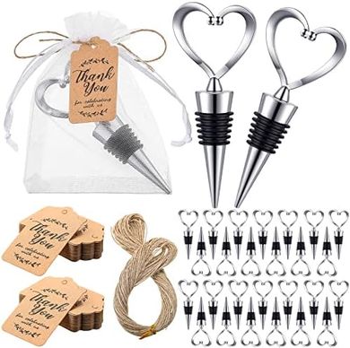 Heart-Shaped Wine Stoppers: 90-Pack Wedding/Party Favors with Tags & Bags
