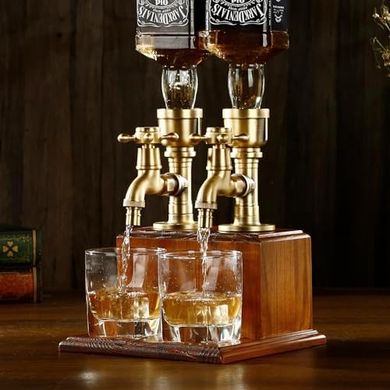 Whiskey & Bourbon Dispenser: Brass, Wood, 2-Bottle Capacity
