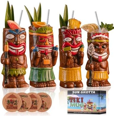 Tiki Cocktail Mug Set: 4 mugs, 4 coasters, 4 straws
