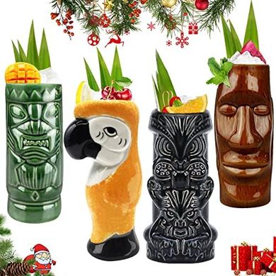 Tiki Mug Cocktail Set: 4 Large Ceramic Hawaiian Luau Mugs
