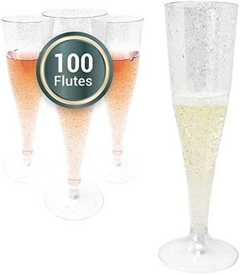 Bulk Pack Silver Glitter Champagne Flutes (100, Disposable, BPA-Free)
