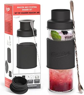 Mason Jar Cocktail Shaker Set: 4-Piece Black Set with Swizzle Stick
