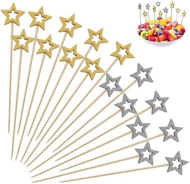 Bamboo Cocktail Picks: Gold/Silver Star Appetizer Skewers (100pc)
