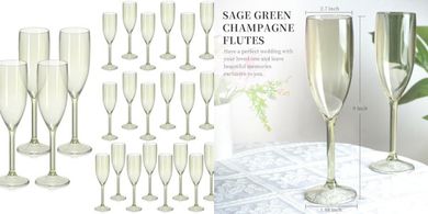 24 Sage Green Plastic Champagne Flutes for Weddings & Parties
